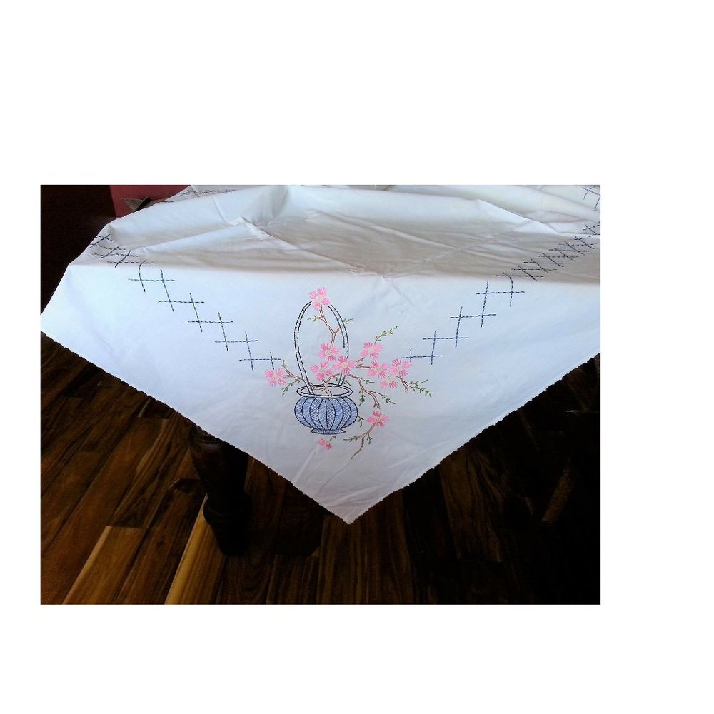 Vintage Embroidered Flowers in Basket Floral Tablecloth 53" x 68"